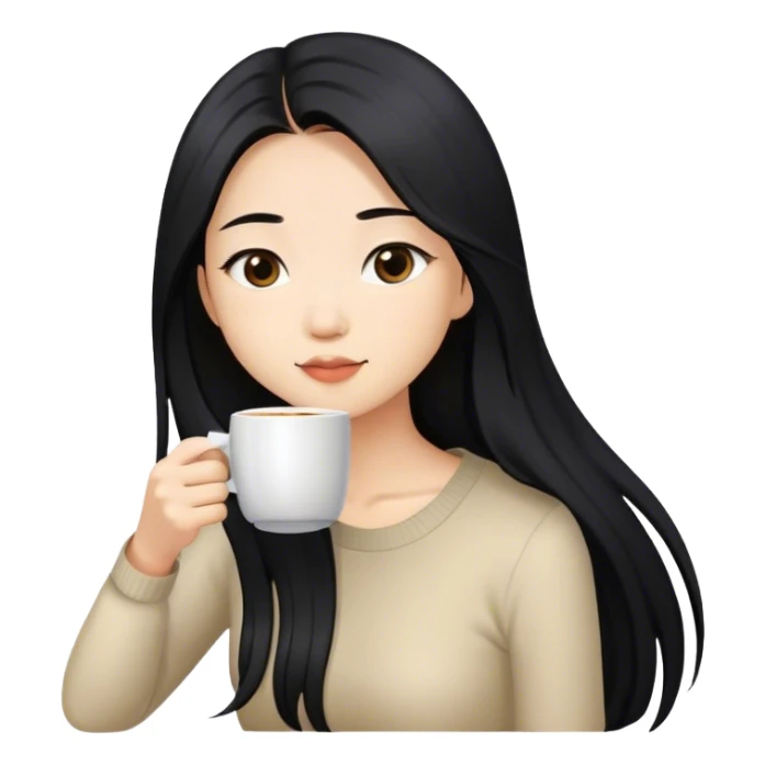 asian girl with black long hair drinking coffee sticker