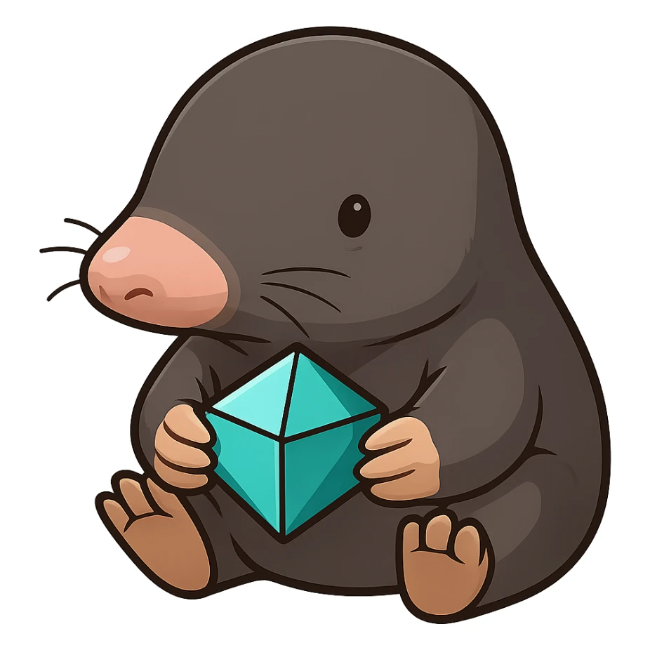 Make the character look more like a real mole with a longer nose, small eyes, and mole-like features, still holding a Minecraft diamond block. The style should be cartoonish and cute with no background. sticker
