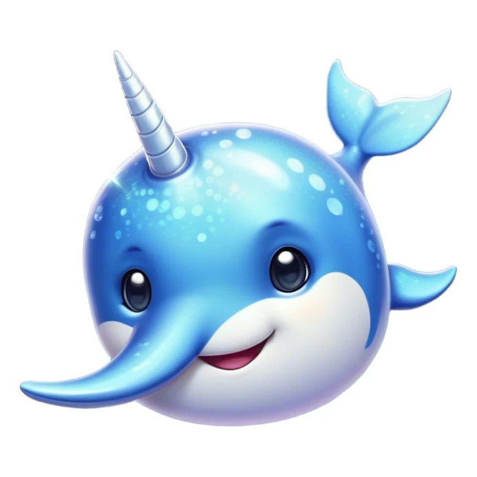 Cinematic Cute Narwhal Portrait Emoji, Head tilted playfully and inquisitively, with a glossy, shimmering body highlighted by its iconic tusk and sparkling eyes filled with wonder, Simplified yet irresistibly adorable features, highly detailed, glowing with a warm, friendly glow, high shine, affectionate and lively, stylized with a touch of whimsical charm, bright and endearing, soft glowing outline, capturing the essence of a mischievous marine marvel that feels like it could frolic out of the screen into your heart! sticker