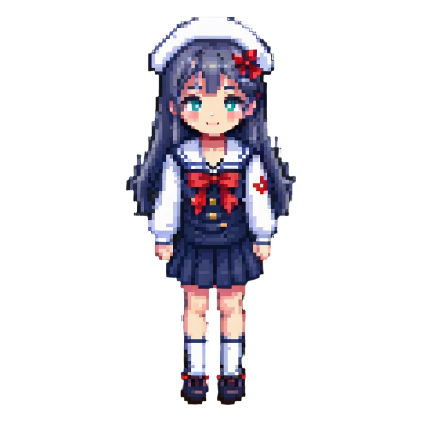 Japanese anime schoolgirl with classic sailor uniform in pixel art style sticker