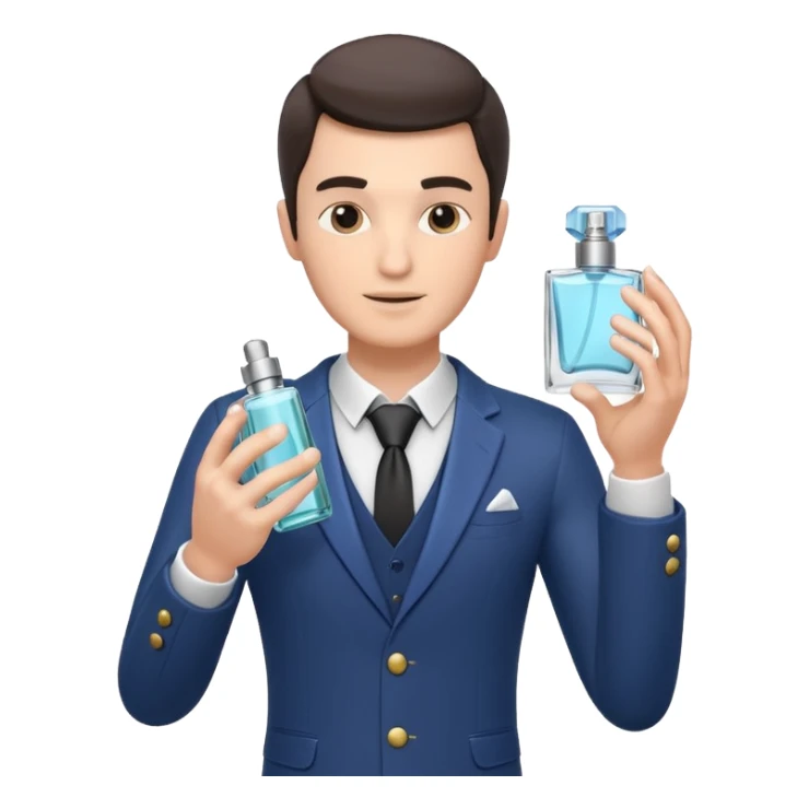 stylish man spraying perfume, holding a perfume bottle, mist spray in the air, elegant pose, 3D cartoon, mobile game icon style, clean background, no text, no watermark

 sticker
