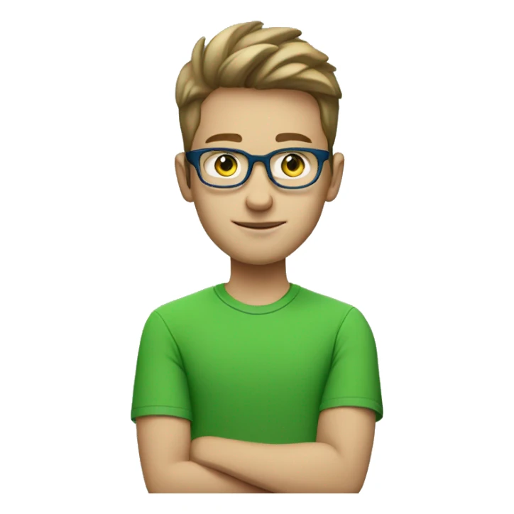 white young man with square glasses and blue eye wearing green t-shirt using laptop  sticker