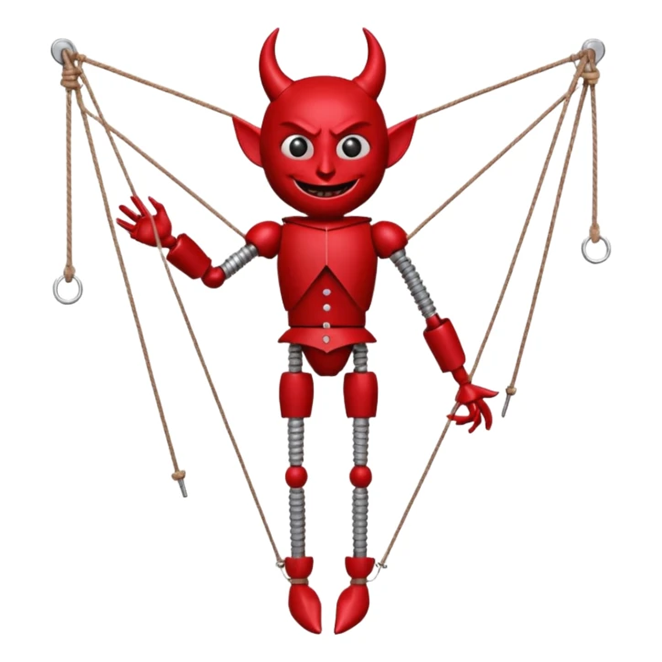 3D render of Devil Puppet as a wooden marionette puppet, Red painted wood, strings, silver metal screw joints at elbows and knees, polished brown wood texture, rigid toy pose, emoji style, isolated on white background --v 6.0. sticker