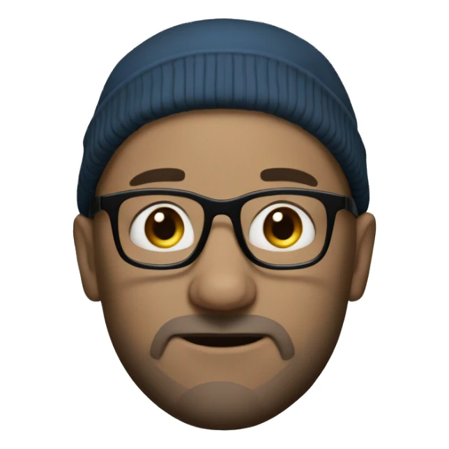 45 year old bald guy with blue eyes, black glasses and a beanie sticker