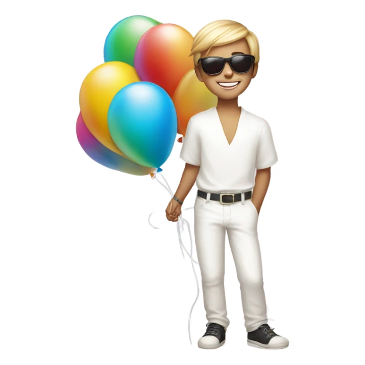smiling boy in white with tinted sunglasses holding number balloons 25 sticker