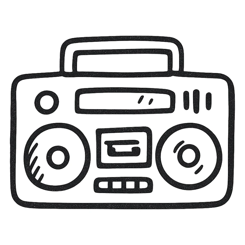 Boombox icon, hand drawn, black outlines, no fill, simple and clean, front view sticker