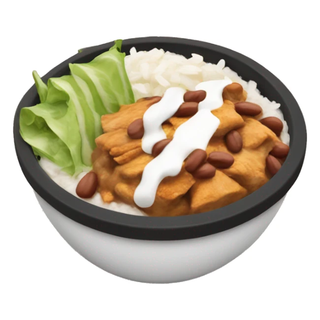 chipotle bowl with chicken, white rice, pinto beans, sour cream, lettuce, cheese sticker