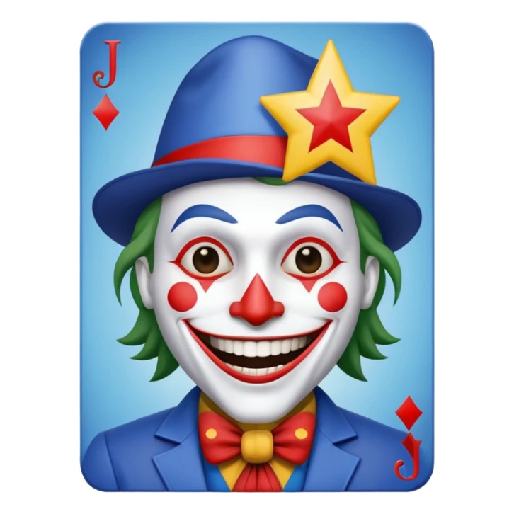 1 poker card, squared, with crazy colorful human jolly joker inside, star symbol with a "J" sticker