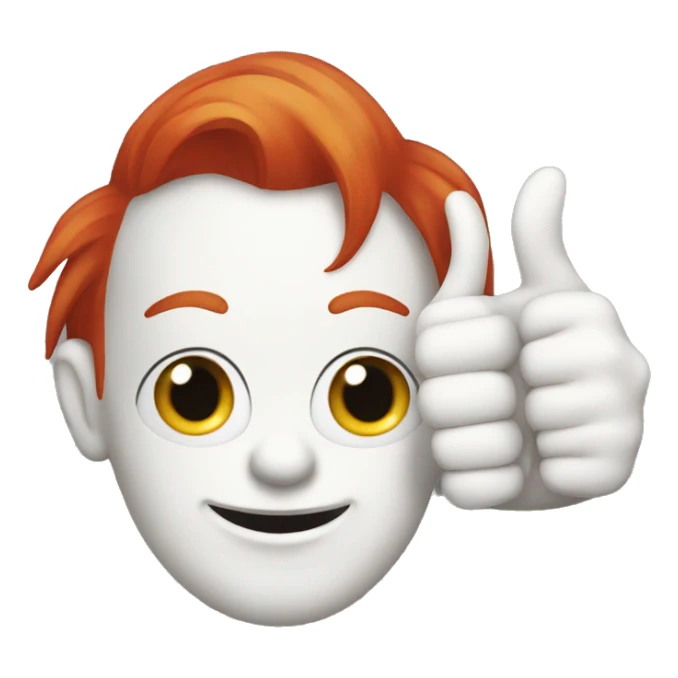 red hair, white face, bold clown with thumbs up sticker