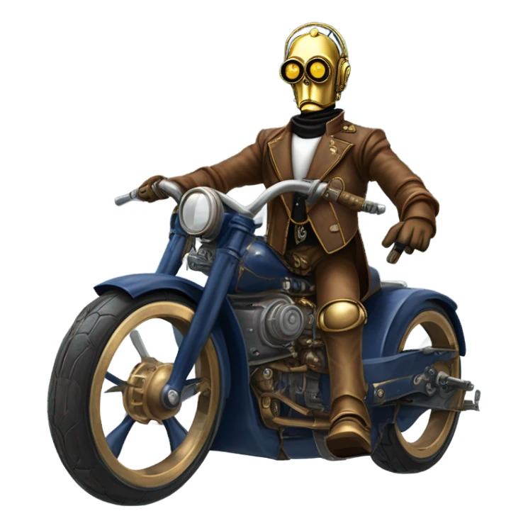 C-3PO wearing a pair of navy-blue rimmed steampunk goggles, hat, leather chaps, fringe jacket riding a fast 3 wheeler trike steampunk motorcycle on ice  sticker