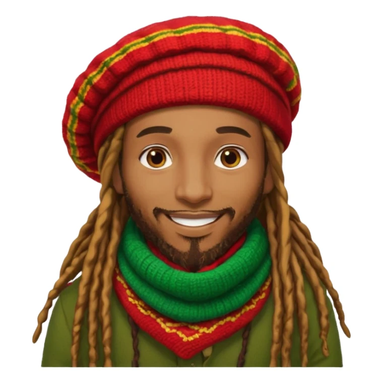 “Create a powerful illustrated portrait of a smiling man with long dreadlocks, wearing a colorful red, gold, and green knitted tam. The background has jungle leaves and warm lighting. Style: vibrant digital art, modern, bold lines, reggae vibe. With a Amsterdam colour scarf around his neck sticker