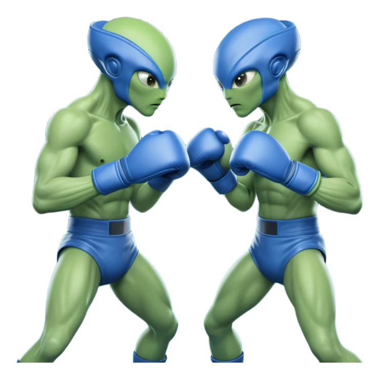 two aliens boxing in a fight stance, facing each other with raised gloves, dynamic action pose, intense expressions, sci-fi arena vibe, 3D cartoon style, mobile game icon style, clean background, no text, no watermark
 sticker
