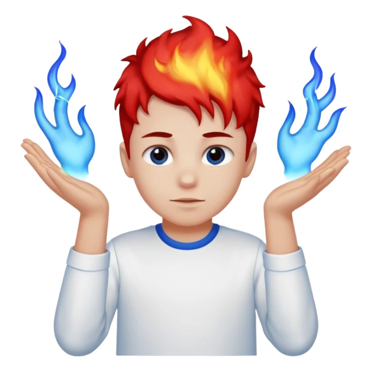 A boy with no hands fire instead made out of red fire and ,blue fire only on a white shirt that the boy is wearing  sticker