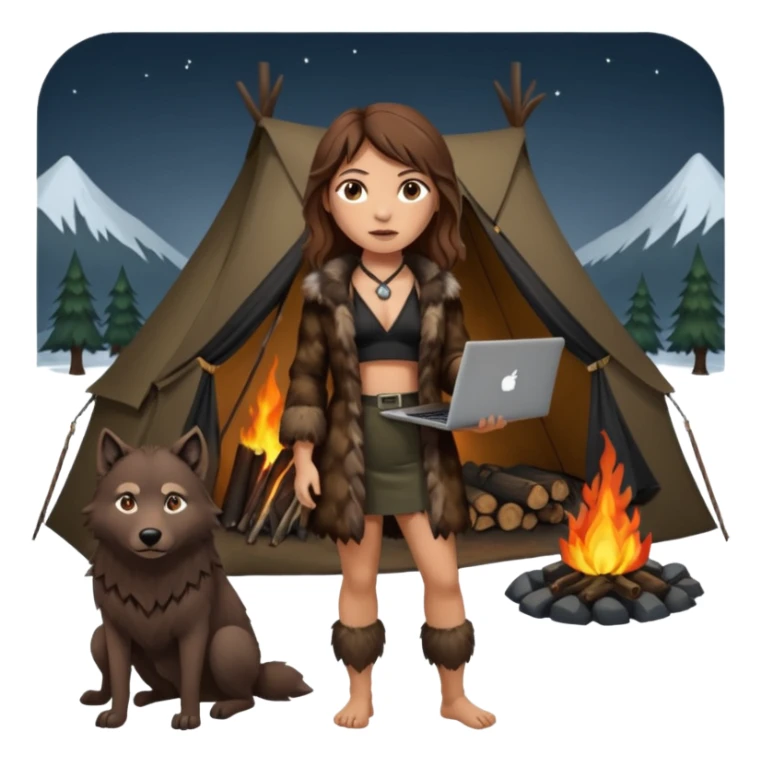a NEANDERTHAL WOMAN WITH BROWN HAIR STANDING BY A FIRE AND TENT WITH BLACK WOLF HALTER TOP AND A LAPTOP AND FUR COAT sticker
