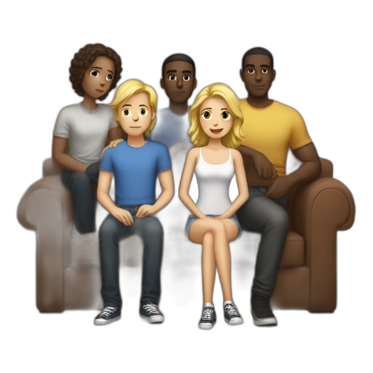 a light-skinned girl sits on a sofa and five dark-skinned guys stand behind sticker