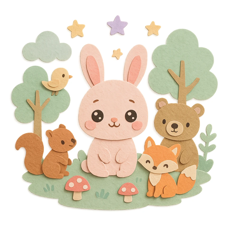 soft kawaii forest scene with fluffy pastel bunny (round baby face, big sparkling eyes, pink blush), surrounded by cute squirrel, bear, fox, and bird, in a soft pastel green forest with soft clouds, dreamy pastel stars, mushrooms, hand-crafted paper texture, soft pastel tones, high resolution sticker