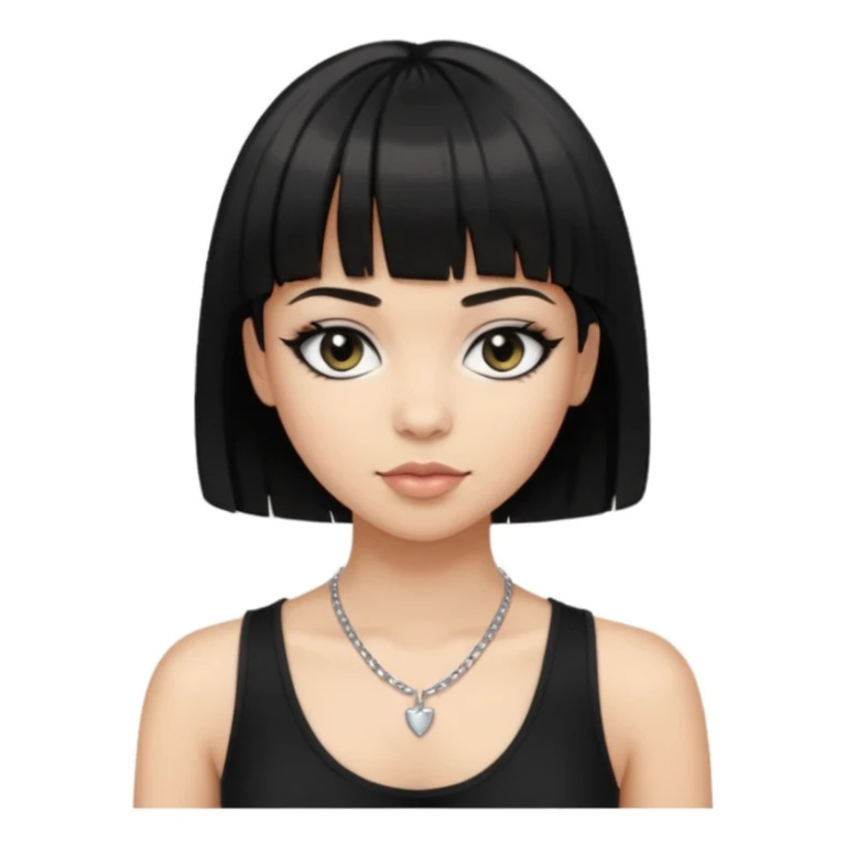 Make an emoji that is a bit fat but also a bit skinny at the same time, has black short hair with bangs, has eye liner and mascara on, has a black tanktop on, and has a necklace on  sticker