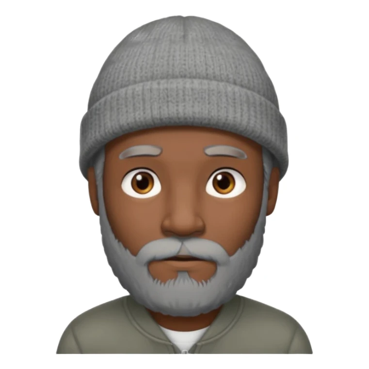A dark-skinned man with a gray beanie, brown eyes, and a gray beard, wearing a calm expression. sticker