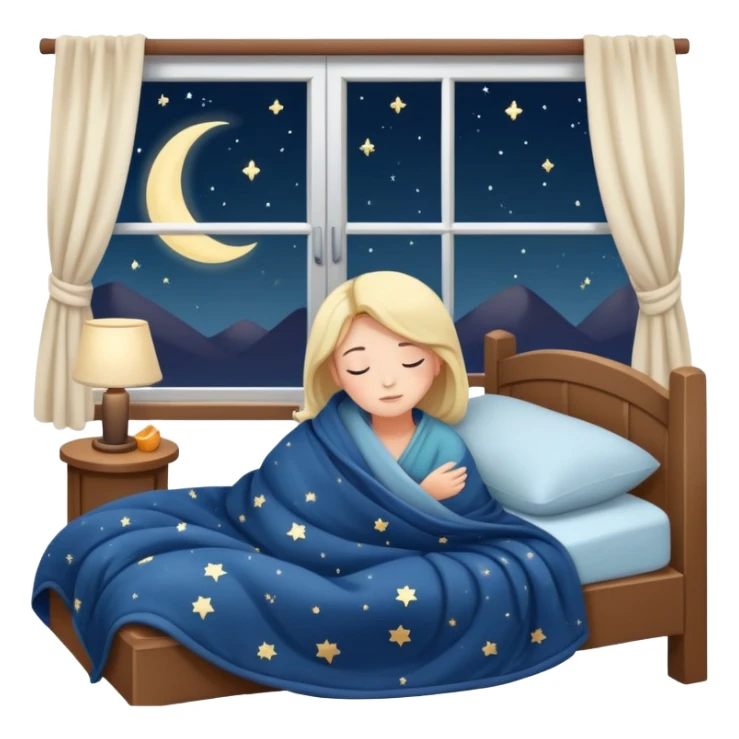 person going to bed on time, cozy blanket, night sky outside window, peaceful and friendly sticker