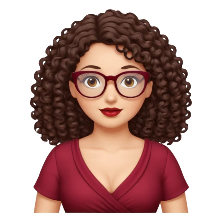 brunette , curly long hair , gray eyes , dark red glasses , curvy sticker