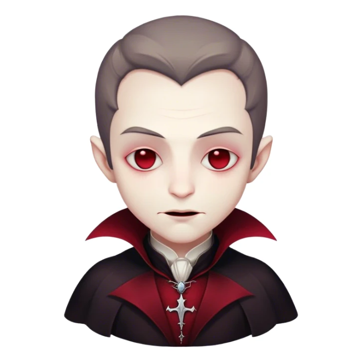 Meme-Worthy Cute Sleeping Vampire Portrait Emoji, with a refined, small, pale face softened by closed, serene eyes and a slight, peaceful smile, adorned in miniature elegant dark attire with a hint of fading crimson, simplified yet irresistibly adorable, highly detailed with a soft ethereal outline that captures the drowsy charm of a vampire in quiet nighttime slumber! sticker