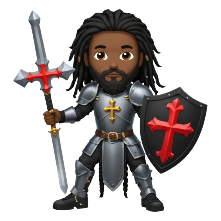 African American with long black dreadlocks with black beard wearing a black knight amour wearing wearing black Air Force 1 low top shoes holding a shield with cross on it and a double edge sword sticker