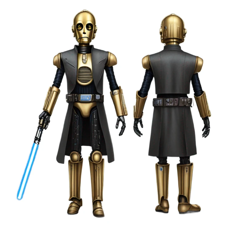 tarnished undercover tough well-equipped jedi first order life-sized darkblue-pearl C3po as a friendly bounty hunter droid wearing a leather clothing old west duster coat holding light saber sticker