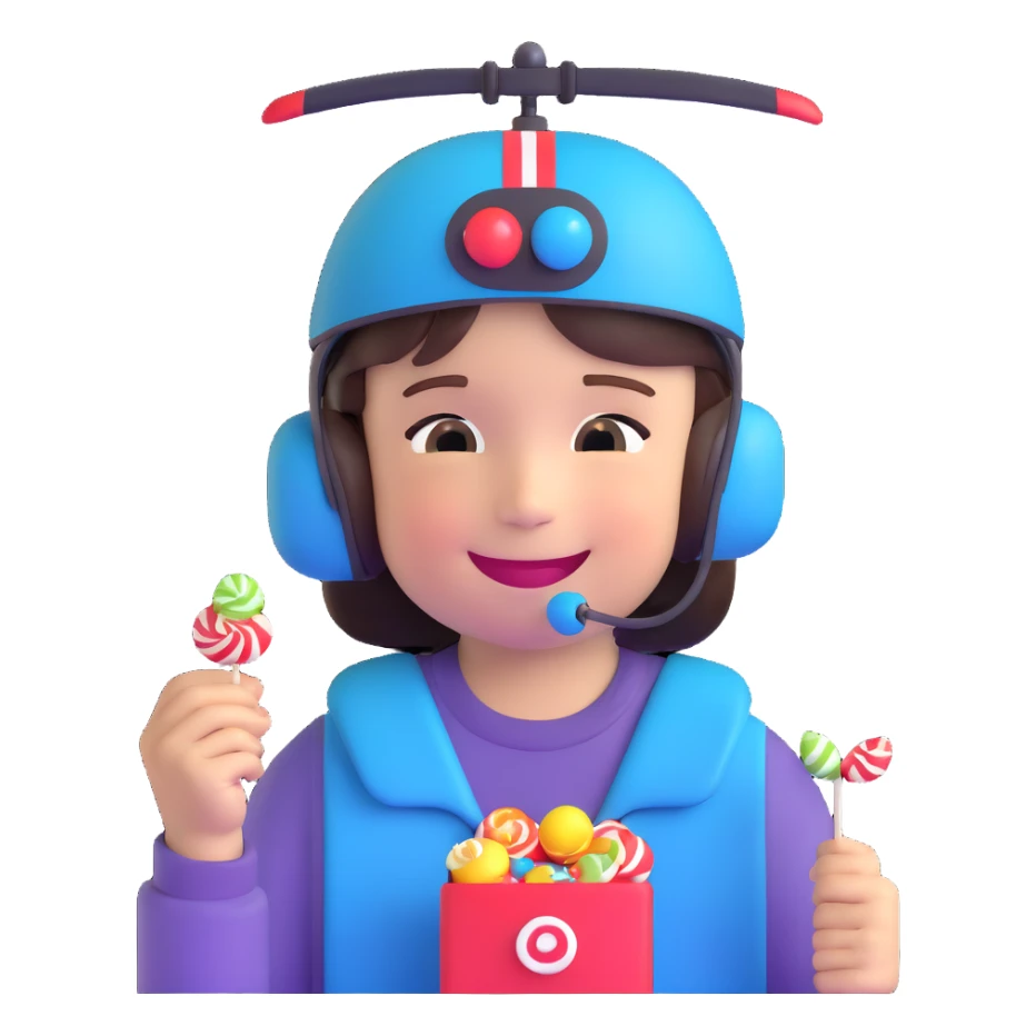 happy kid with helicopter hat eating candy sticker