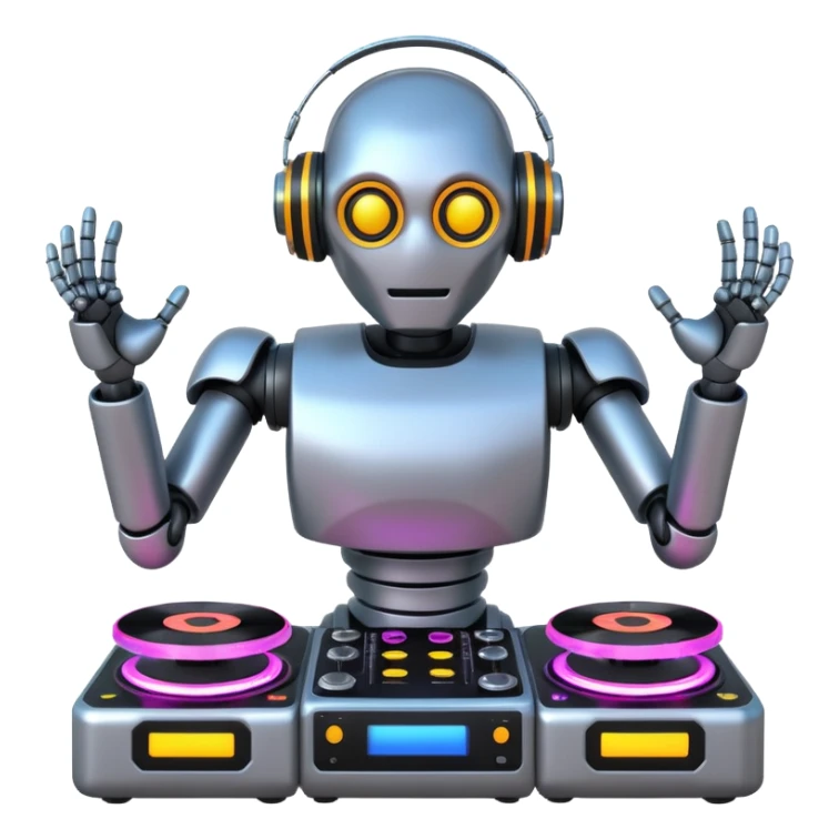 Robot DJ with neon glowing turntables, 8k sticker