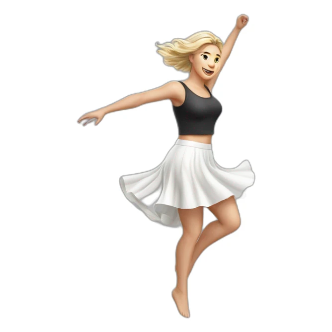 Hyperrealistic Full body Caucasian curvy beauty jumping short white skirt back and front views strong wind sticker