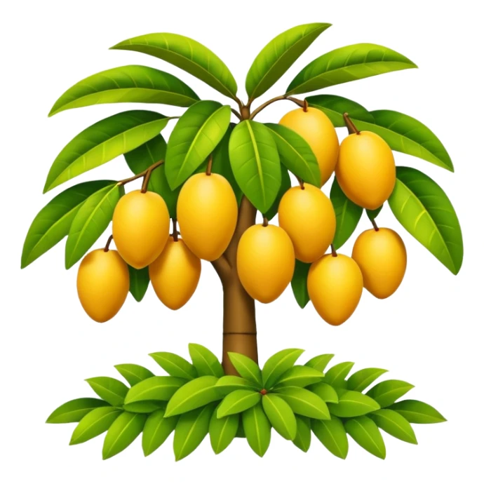 A 3D cartoon mango tree with golden-yellow mangoes visible among dense leaves, sunny atmosphere, Memoji-style rendering. sticker