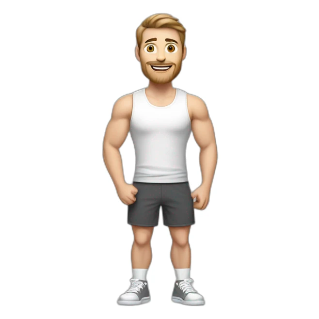 Full height realistic Actively gesturing with hands Pale skinned Fit Man With the biceps and brown hair in dark gray Sleeveless Mike, black oversize sports shorts, watch and white Sneakers sticker