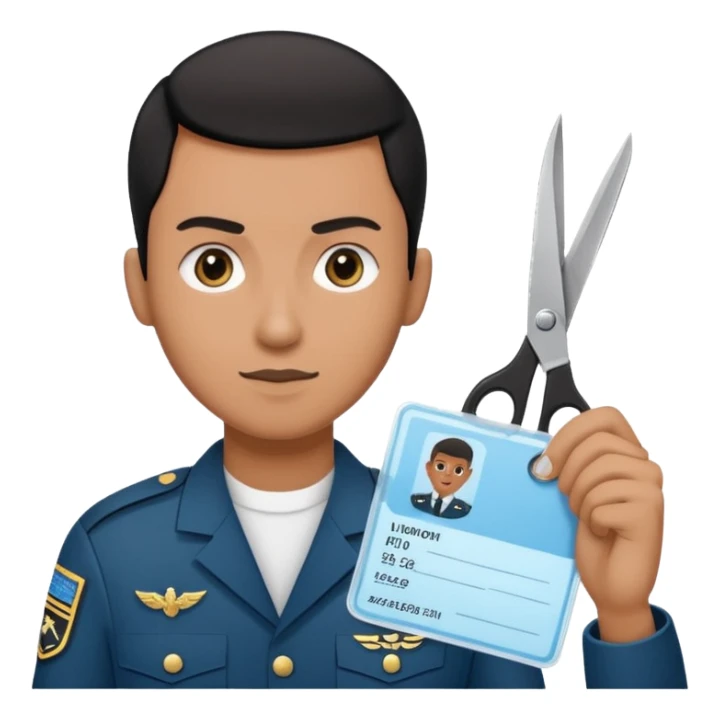 Floating black Scissors cutting a light blue military ID card in 2 parts .hyper realistic sticker