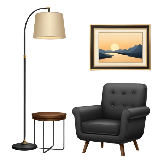 Minimalistic flat vector icon, iOS style, thin black contour on white background. Floor lamp, armchair, and framed picture on wall. Clean, no text, no shadows sticker