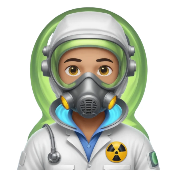 nuclear scientist portrait, head and shoulders only, wearing hazmat mask, lab suit collar, glowing radiation aura, intense eyes, 3D cartoon, mobile game icon style, clean background, no text, no watermark
 sticker