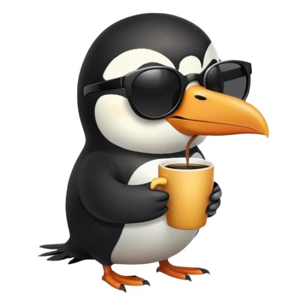 penguin with toucan beak holding a coffee cup and wearing sunglasses sticker