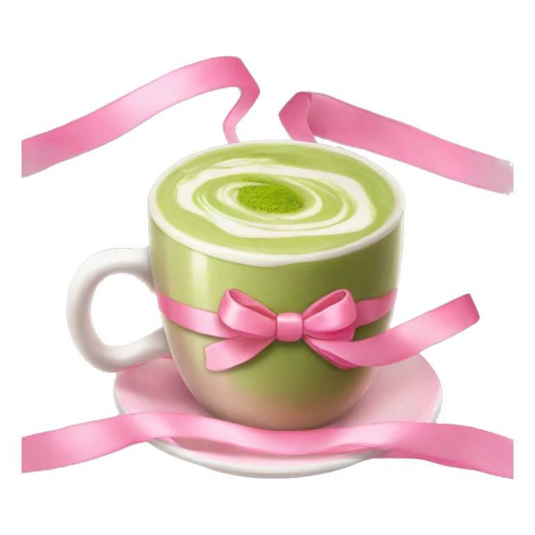 Matcha latte in a mug decorated with painted pink ribbons coquette sticker