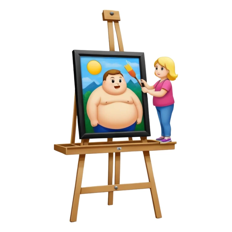 Canvas inside a picture frame on an easel with a fat person painted onto it sticker