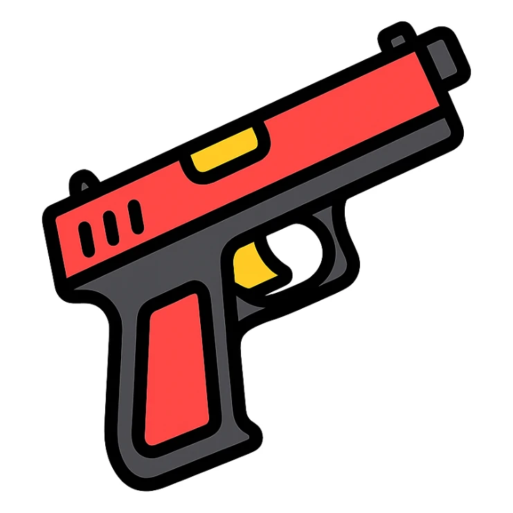 slanted hand gun in red and black colors, icon style sticker