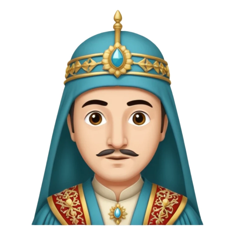 Seljuk emperor, traditional Turkish royal robes, elaborate headgear, medieval setting, dignified expression sticker