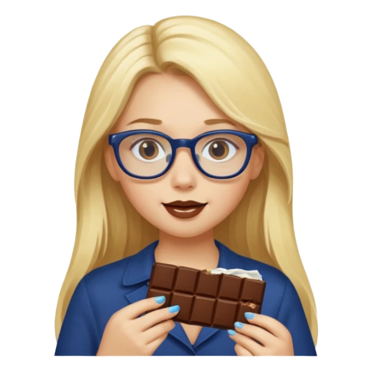 Blonde long haired girl with navy blue framed glasses eating chocolate sticker