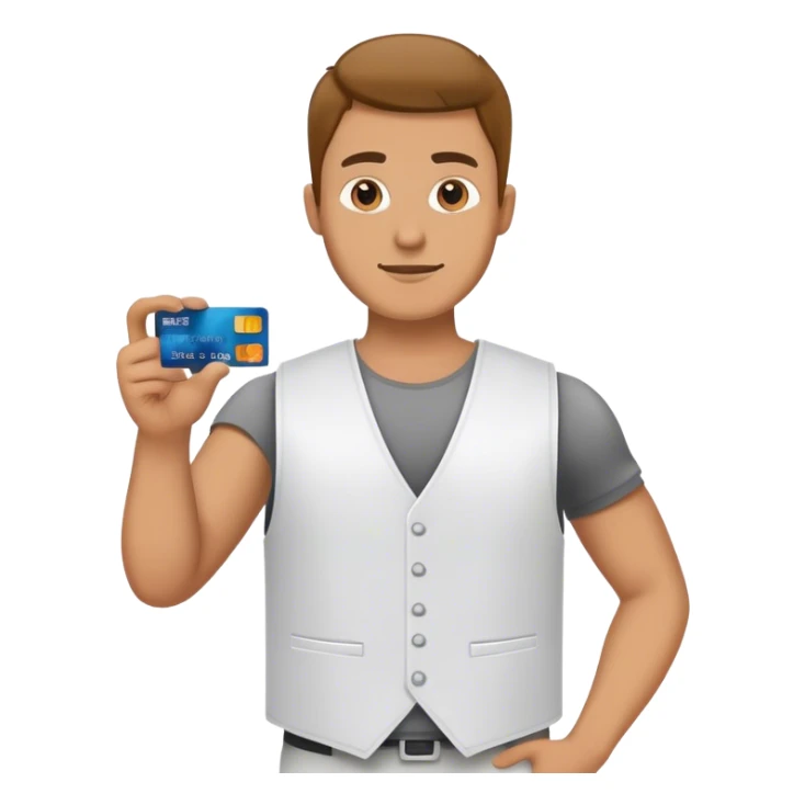 The guy in the white vest is holding a credit card.  sticker