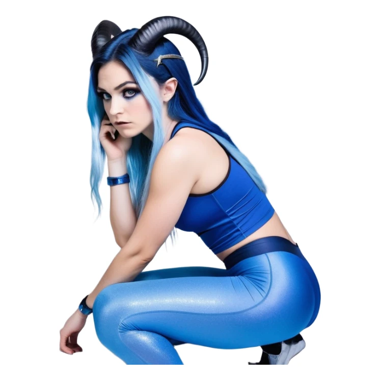 Disapponted-big tears-head back texting on phone-very very large upper body-sexy face-bending forward at waist-very long very straight dark blue to light blue ombre hair-and-blue eyes-thick black eyeliner-goat horns-iridescent blue lowcut tanktop with black leggings with glitter superman logo sticker