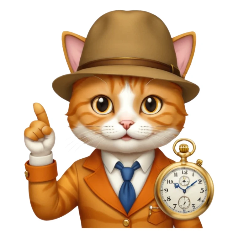 Cheesier cat pointing at a pocket watch wearing a hat sticker
