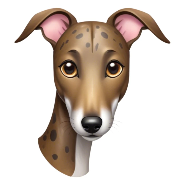 Cinematic Cute Brindle Greyhound Portrait Emoji, Head tilted playfully and inquisitively, featuring a sleek brindle Fur with subtle variations and round, sparkling eyes filled with curiosity, Simplified yet irresistibly adorable features, highly detailed, glowing with a warm, friendly glow, high shine, affectionate and nimble, stylized with a touch of whimsy, bright and endearing, soft glowing outline, capturing the essence of a mischievous yet loving companion, so playful it feels like it could sprint out of the screen and into your arms! sticker
