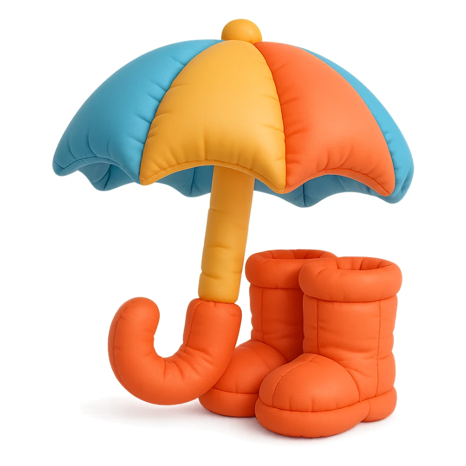 umbrella and rain boots, soft plush look, bright colors, cushion style sticker