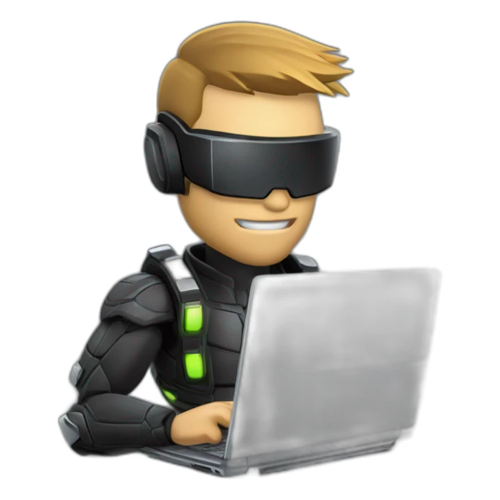 Side view developer behind his laptop with this style: Crytek Crysis Video game with character on the theme of hackers nanosuit Swift programming language sticker