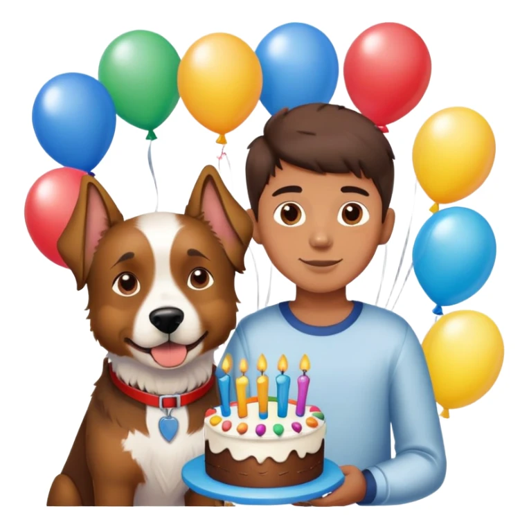 boy and his dog at party with balloons and cake sticker