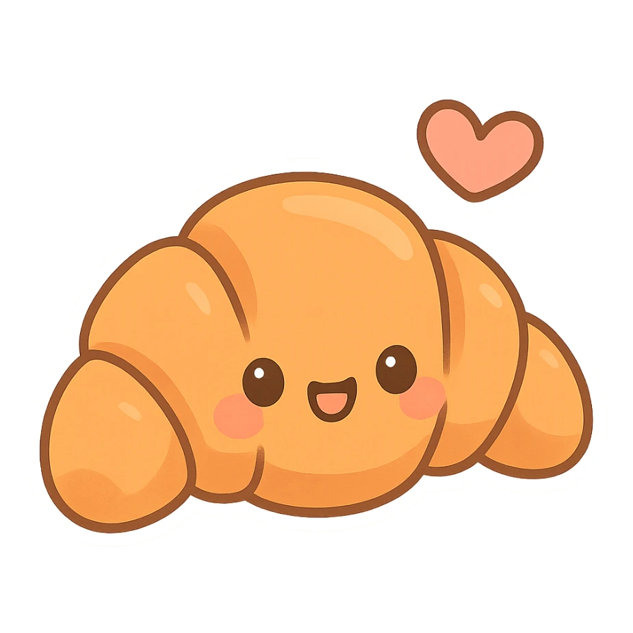 chibi sticker-style croissant with a heart accent, cute and exaggerated sticker