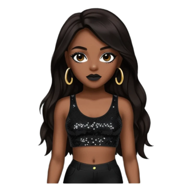 Aaliyah with black sequin crop top and pants, long dark brown hair sticker